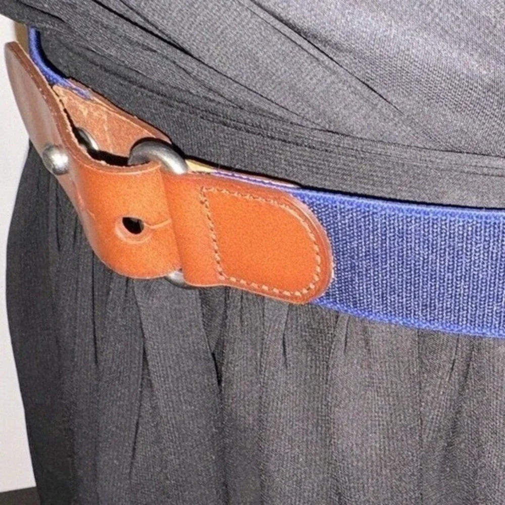 Navy Blue‎ Elastic Stretch Belt Brown Leather Tab Stud Closure Silver Ring 47-08